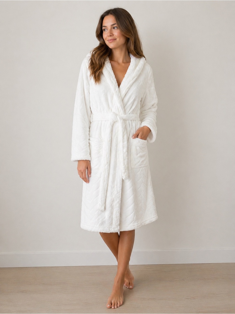 Ivory Plush Bath Robe Soft Cozy Spa Lounge Robe 42” Length